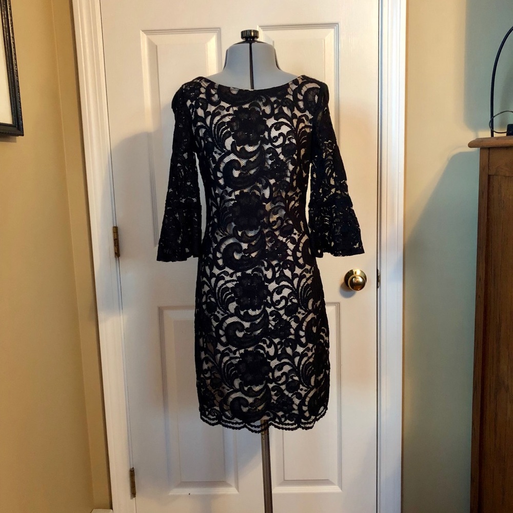 Vince Camuto Black and Nude Lace Dress, Size 2